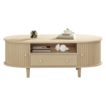 Versatile Oval Coffee Table with Roll-Top Door and Drawer, Spacious Center Table with Open Shelf, 39.5" L x 19.5" W x 14" H, Natural Wood