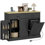 HOMCOM 7 Gallon Tilt Out Garbage Cabinet, Kitchen Island with Charging Station, 2 Drawers, 4 Door Racks, Black