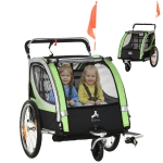 Aosom 2 Seat Bike Trailer for Kids 2-in-1 Double Baby Stroller with Handbrake, Rubber Wheels, 5 Point Harness, Waterproof Cover, Storage Bag, Reflectors, Green