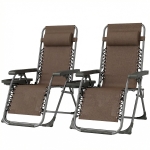 Outsunny Zero Gravity Chair Set of 2, Folding Reclining Outdoor Lounge Chair with Cup Holder, Headrest, Brown