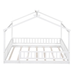 Full Size Wood House Bed with Roof and Fence, Sturdy Pinewood Bed Frame for Kids and Teens, 79.5" L x 57" W x 63" H, White