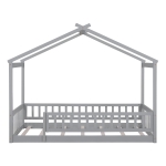 Comfortable Twin House Bed Frame with Roof and Fence, Sturdy Pinewood Platform Bed with Semi-enclosed Space, 79.5" L x 41.5" W x 63" H, Walnut