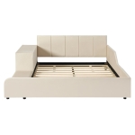 Full Size Upholstered Platform Bed with Bedside Desk and Round Stool, Cozy Bed Frame with Streamlined Structure, 79.5" L x 68" W x 28" H, Beige