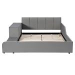 Full Size Upholstered Platform Bed with Bedside Desk and Stool, Cozy Bed Frame with Streamlined Structure, 79.5" L x 68" W x 28" H, Gray