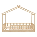 Comfortable Twin House Bed Frame with Roof and Fence, Sturdy Pinewood Platform Bed with Semi-enclosed Space, 79.5" L x 42" W x 63" H, Natural