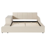 Queen-Size Upholstered Platform Bed with Bedside Desk and Stool, Cozy Bed Frame with Streamlined Structure, 84.5" L x 74" W x 28" H, Beige