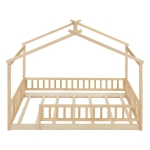 Full Size Wood House Bed with Roof and Fence, Sturdy Pinewood Bed Frame for Kids and Teens, 79.5" L x 57" W x 63" H, Natural