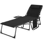 Outsunny Folding Outdoor Chaise Lounge Chair Tanning Chair with 5-Level Adjustable Back, Side Table, Pillow, Pocket, Black