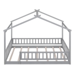 Full Size Wood House Bed with Roof and Fence, Sturdy Pinewood Bed Frame for Kids and Teens, 79.5" L x 57" W x 63" H, Gray