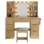 Spacious Makeup Vanity Desk with 3 Shelves and 7 Drawers, Functional Makeup Vanity with LED Mirror, 47" L x 15.5" W x 53.5" H, Natural Wood
