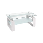 Modern Glass Coffee Table with Wood-Grain MDF Legs, Minimalist Center Table with 2-Tier Storage, 34.5'' L x 18.5'' W x 17.5'' H, Transparent+White