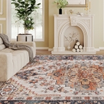 HOMCOM Area Rug 5x7, Machine Washable Rug, Non-Slip Boho Print Pattern Medallion Carpet for Living Room, Bedroom, Tawny Brown