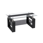 Modern Glass Coffee Table with Wood-Grain MDF Legs, Minimalist Center Table with 2-Tier Storage, 34.5'' L x 18.5'' W x 17.5'' H, Black
