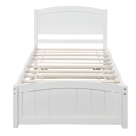 Space-Savimg Twin Size Wood Platform Bed with Roll-Out Trundle, Solid Bed Frame with 10 Supporting Slats, 79.5" L x 41.5" W x 37.5" H, White