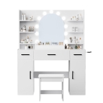 Large Makeup Vanity Desk with 6 Open Shelves and 3 Drawers, Functional Makeup Vanity with Dimmable LED Mirror, 44.5" L x 14" W x 55" H, White