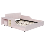 Full Size Upholstered Platform Bed with Bedside Desk and Stool, Cozy Bed Frame with Streamlined Structure, 79.5" L x 68" W x 28" H, Pink