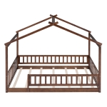 Full Size Wood House Bed with Roof and Fence, Sturdy Pinewood Bed Frame for Kids and Teens, 79.5" L x 57" W x 63" H, Walnut