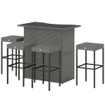 Outsunny 5 Piece Rattan Wicker Bar Set, High Top Outdoor Table and Chairs, Bar Height Patio Set, 2 Shelves & 4 Bar Stools, Gray