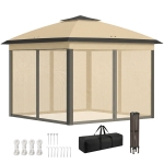 Outsunny 11' x 11' Pop Up Gazebo, Double Roof Foldable Height Adjustable Canopy Tent with Mesh Sidewalls, Carrying Bag, Beige