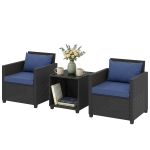Outsunny 3 Piece Patio Bistro Set, Wicker Furniture Set with Thick Cushions, Glass Coffee Table and Chairs for Garden, Dark Blue
