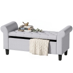 HOMCOM 47" Storage Ottoman Bench, Tufted End of Bed Bench with Rolled Arms, Safety Hinge, Wood Legs for Bedroom, Light Gray