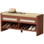 HOMCOM Shoe Bench with Cushioned Seat Shoe Storage Bench with 2 Rattan Drawers and Open Shelf Brown