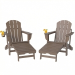 Outsunny Folding Adirondack Chair Set of 2, HDPE Fire Pit Chair with Retractable Ottoman and Cup Holder, Brown