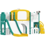Qaba 7 in 1 Toddler Slide with Basketball Hoop, Climbing Frame, Telescope, Drawing Board, Storage Box for Ages 1-3, Yellow