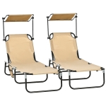 Outsunny 2 Piece Folding Outdoor Chaise Lounges, Pool, Sun, Tanning Chairs with Reclining Back, Sunshade for Beach, Patio, Tan