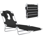 Outsunny Folding Lounge Chair Outdoor, Tanning Chair with Face Hole Arm Slots, Beach Chaise Lounger with Pillow, 5-Position Adjustable Portable Sun Lounger Bed for Pool, Black