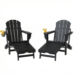 Outsunny Folding Adirondack Chair Set of 2, HDPE Fire Pit Chair with Retractable Ottoman and Cup Holder, Black