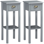 HOMCOM Bedside Table Set of 2, Narrow Side Table with Drawer and Shelf, 2 Tier Tall Nightstand for Bedroom, Grey