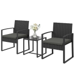 Outsunny Outdoor Bistro Set, 3 Piece Wicker Patio Furniture Set with Glass Top Table and Cushions for Porch, Balcony, Dark Grey