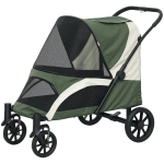 PawHut Foldable Pet Stroller for Medium Dogs with Four Big Wheels, Shock-Absorbing Frame, Safety Leashes, Brakes, Dark Green