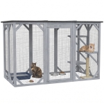 PawHut 44.1" H Cat Cage, Indoor Outdoor Wooden Enclosure Pet House, Small Animal Cage Hutch, Suitable for Rabbit, Dogs, Kitten, Crate Kennel with Waterproof Roof, Multi-Level Platforms, Lock, Grey
