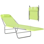 Outsunny Outdoor Lounge Chair, Portable Adjustable Reclining Seat Folding Chaise Lounge Patio Camping Beach Tanning Chair Bed with Pillow, Light Green