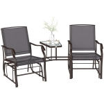 Outsunny Double Patio Glider Chair with Glass Top Center Table, Outdoor Glider Loveseat with High Back,  All Weather Breathable Mesh Fabric for Garden, Backyard, Deck, Grey