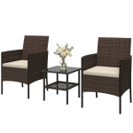 Outsunny Wicker Bistro Set, 3 Piece Patio Furniture Set with 2-Tier Glass Top Table, Cushions for Balcony, Porch, Khaki