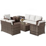Outsunny 6 Pieces Wicker Patio Furniture Set with Cushions, 7-Seater Rattan Patio Sofa Set with Storage Table, Cream White