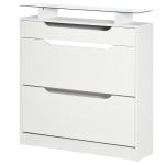 HOMCOM High Gloss Shoe Cabinet with 2 Flip Drawers and Adjustable Shelves, Narrow Shoe Storage Cabinet with Glass Top, White