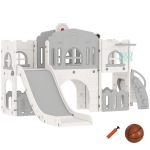 Qaba 9 in 1 Toddler Slide with Basketball Hoop, Climber, Telescope, Tunnel, Steering Wheel, for 1-3 Years, Grey