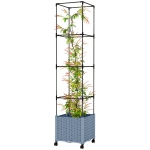 Outsunny Raised Garden Bed with Trellis, Tomato Cage with Lockable Wheels, Self Watering Planter Box with Drainage Holes, Gray
