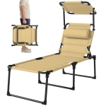 Outsunny Outdoor Lounge Chair, 4 Position Adjustable Backrest, Folding, Cushioned w/ Sun Shade Roof & Pillow, Cream White