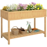 Outsunny 43x18x30in Raised Garden Bed with 8 Pockets and Shelf, Wooden Elevated Planter Box with Legs to Grow Herbs, Vegetables, and Flowers, Natural