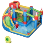 Outsunny 6-in-1 Inflatable Water Slide with Splash Pool, Slide, Climbing Wall, Water Cannon, Inflatable Bounce House for Kids with 2 Min. Inflation and Air Blower