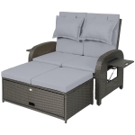 Outsunny Patio Rattan Daybed, Wicker Outdoor Daybed with Storage Ottoman, Loveseat w/ Adjustable Backrest, Gray