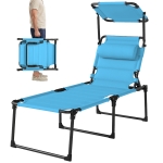 Outsunny Outdoor Lounge Chair, 4 Position Adjustable Backrest, Folding, Cushioned w/ Sun Shade Roof & Pillow, Blue