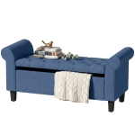 HOMCOM 47" Storage Ottoman Bench, Tufted End of Bed Bench with Rolled Arms, Safety Hinge, Wood Legs for Bedroom, Blue