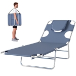 Outsunny Tanning Chair with Face Hole, 5-Level Adjustable Outdoor Chaise Lounge Chair with Pillow for Beach, Pool, Gray