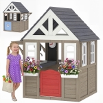 Qaba Outdoor Playhouse, Wooden Kids Playhouse with Dog Door, Flower Box, Cookware & Window for Garden Ages 2+, Gray